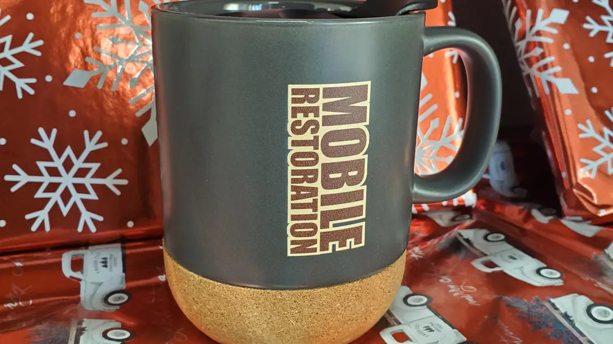 Custom branded cork bottom coffee mug for Mobile Restoration