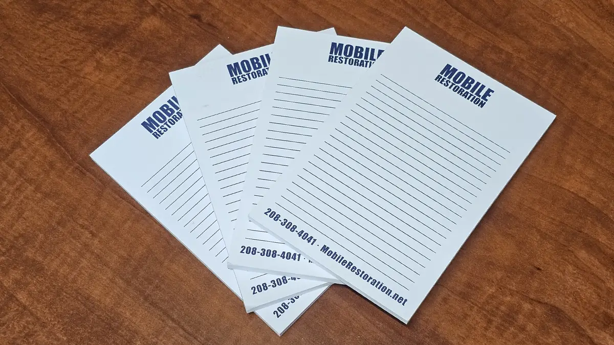 Custom branded sticky note pads for Mobile Restoration