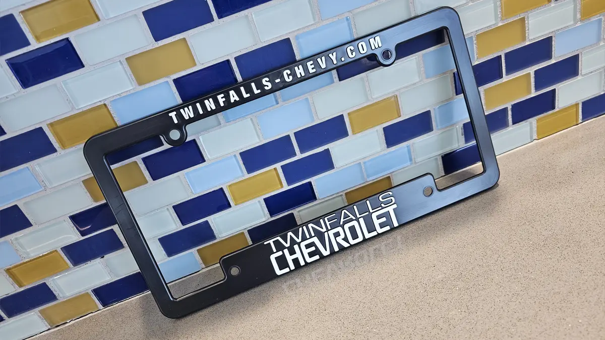 Hot stamped license plate frame for Twin Falls Chevrolet car dealership