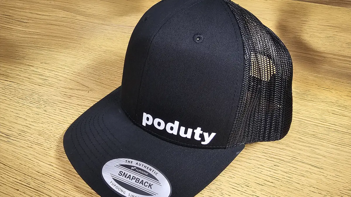 White soft flock HTV hat for Poduty Live Podcast Theater